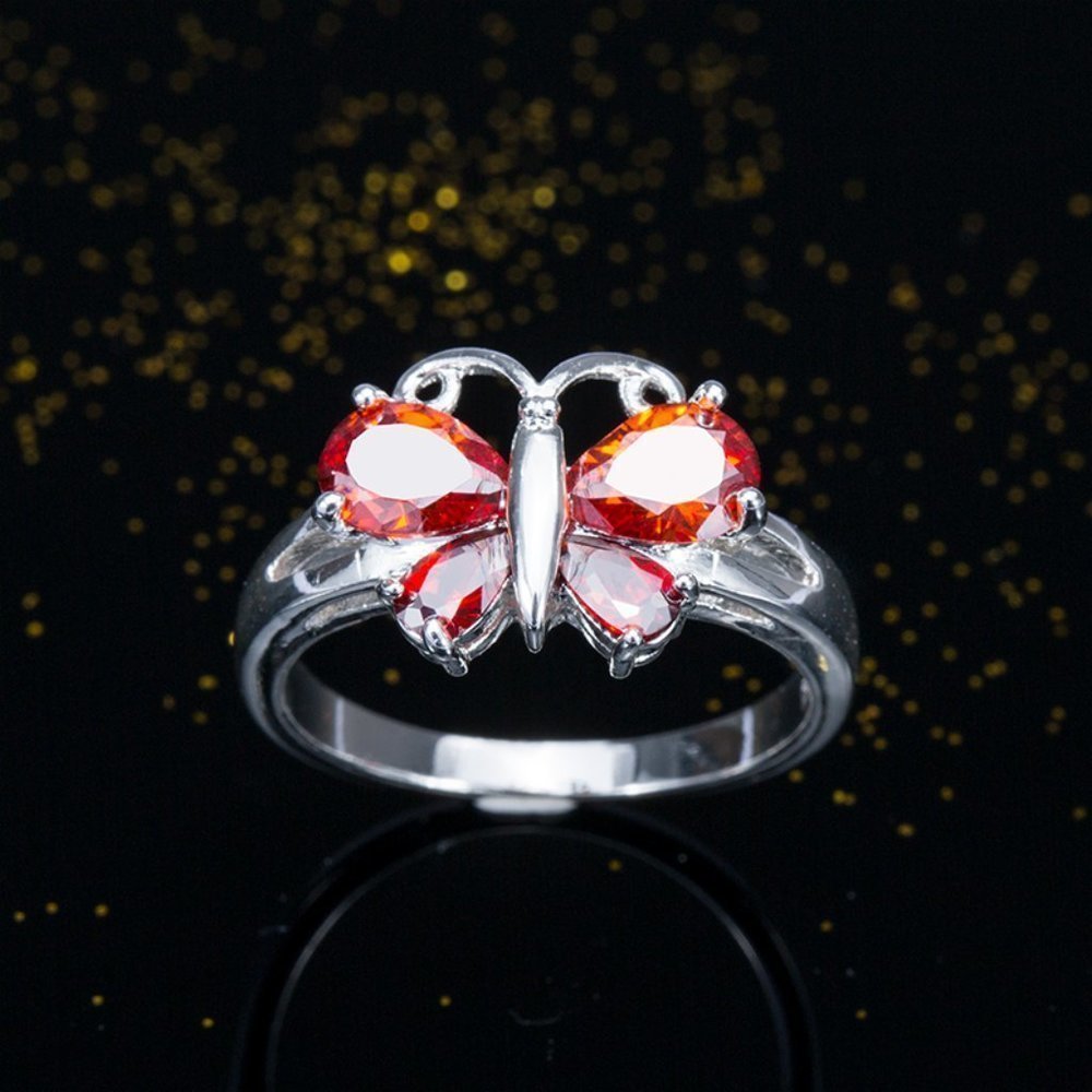 Elegant Silver Butterfly Ring with Red Accents